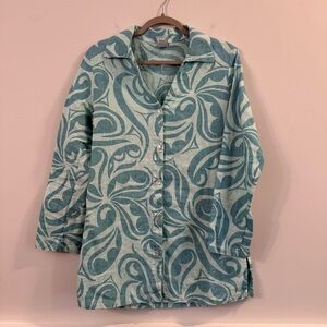 Women’s vintage IcantooTeal Patterned Button-Up linen tunic Shirt size small